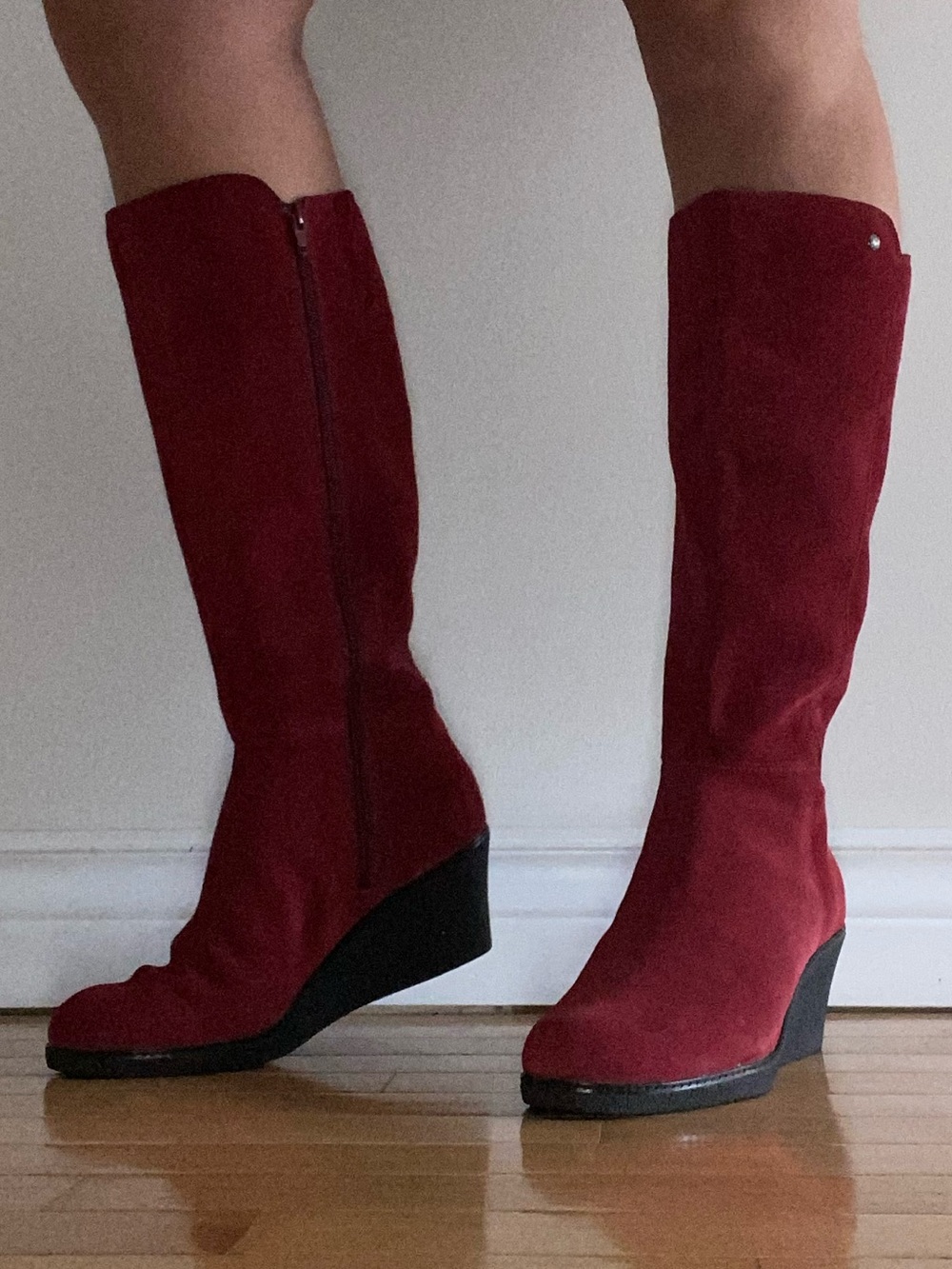 Hush Puppies Burgundy Suede Knee-High Wedge Boots